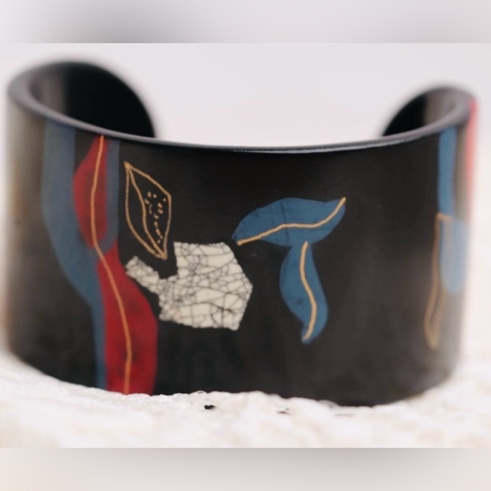 Black Wide Cuff Bracelet Abstract Inlay Modern Statement Bracelet